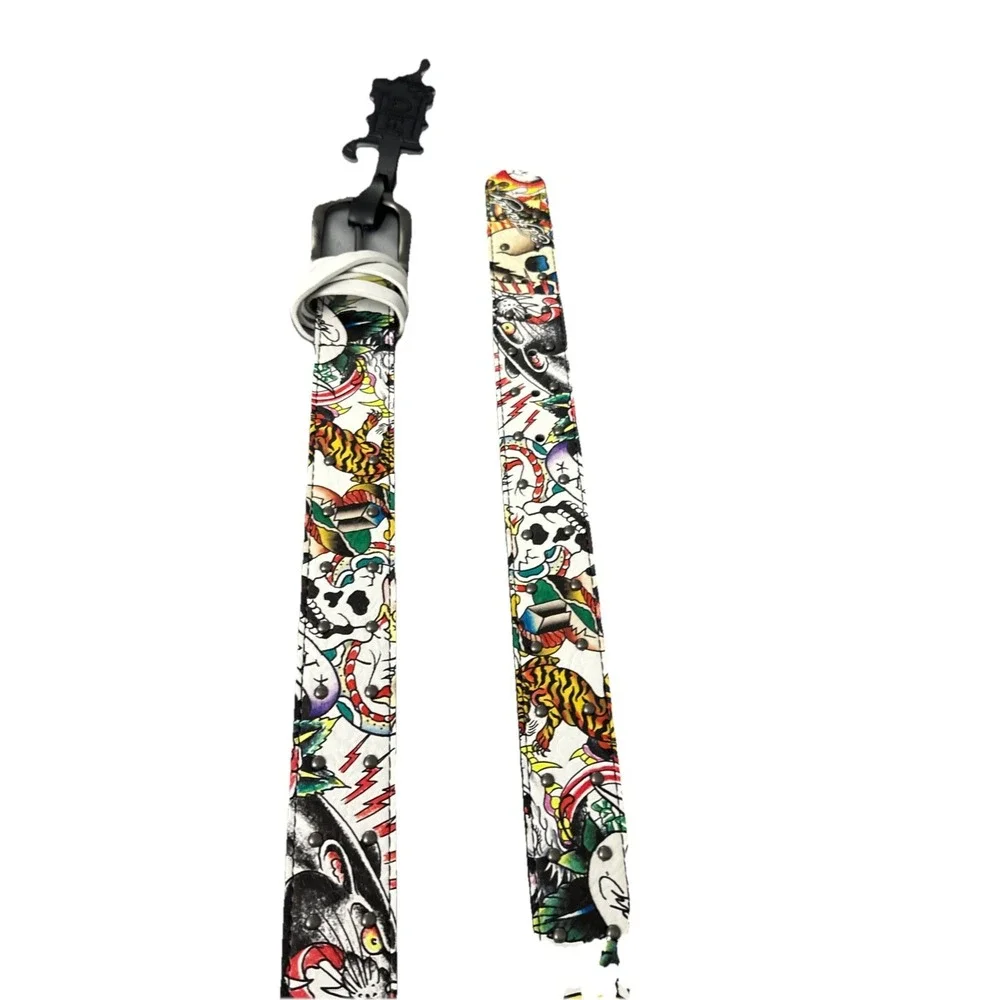 Ed Hardy Men's Skull Tiger Panther Print Belt With‎ Hammered Rivet Studs SZ 38